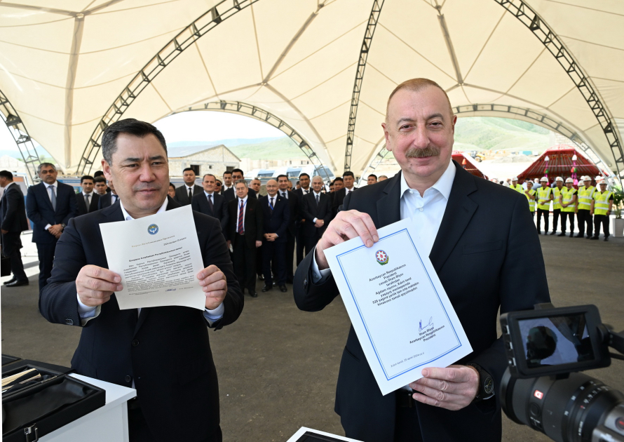 Azərbaycan və Qırğızıstan prezidentləri Ağdamın Xıdırlı kənd tam orta məktəbinin təməlqoyma mərasimində iştirak ediblər