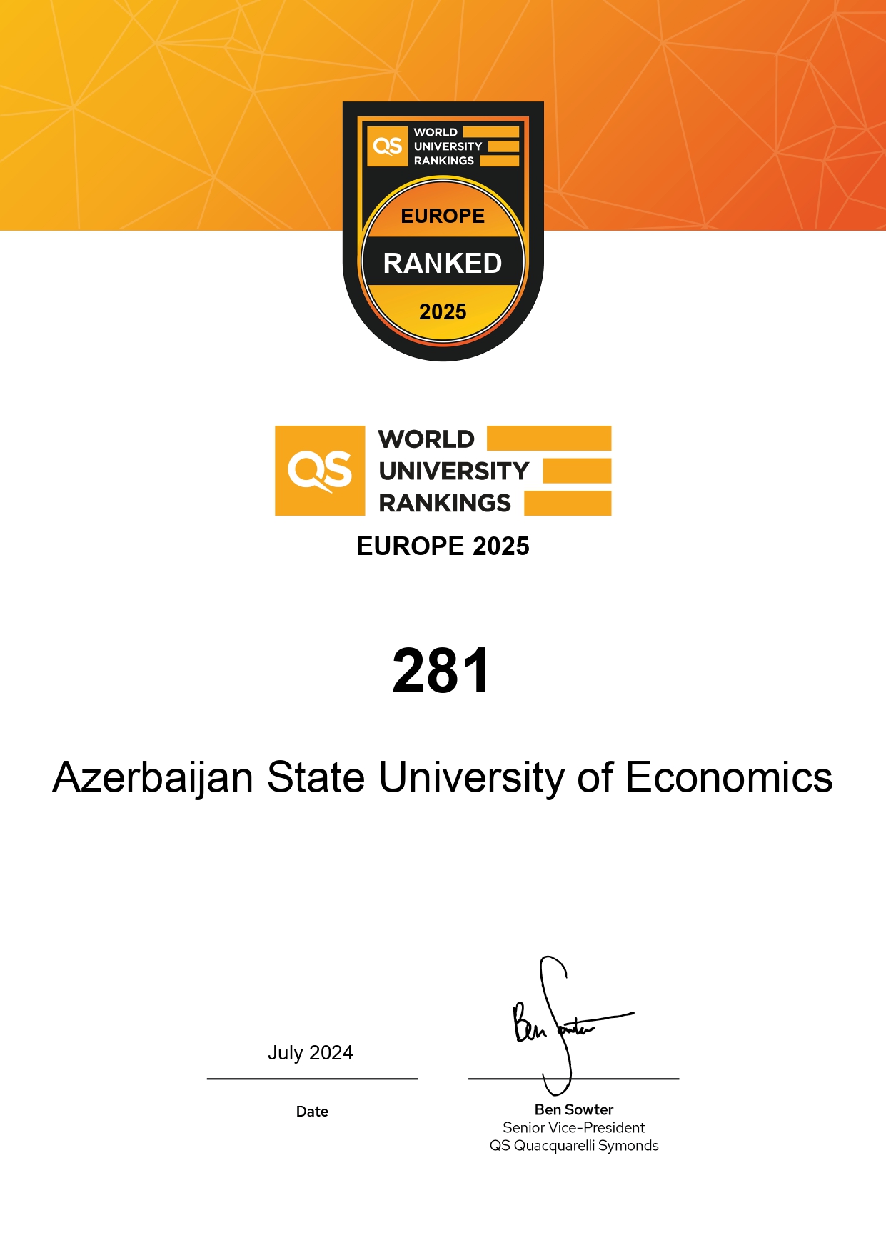 UNEC “QS Avropa 2025” reytinqində ölkə birincisidir